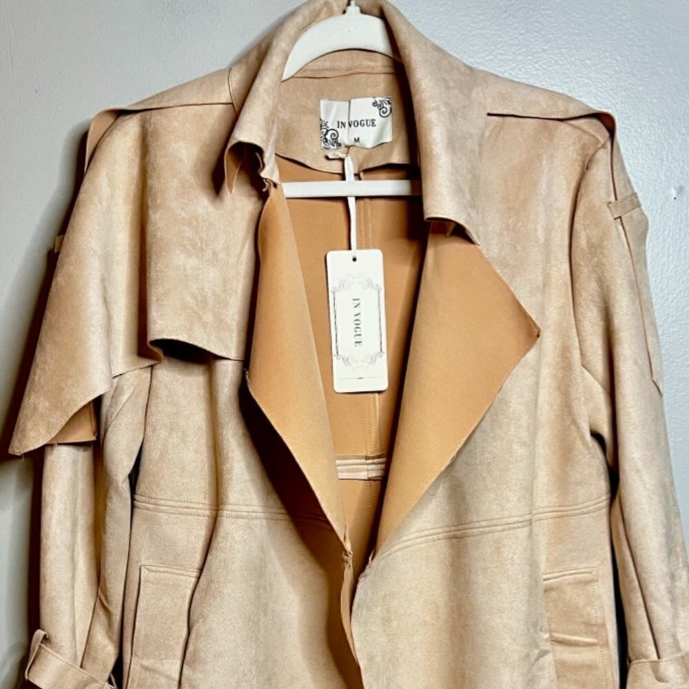 Faux Suede Belted Trench - unlined V752PS (Color: Dusty Pink, Size: M)